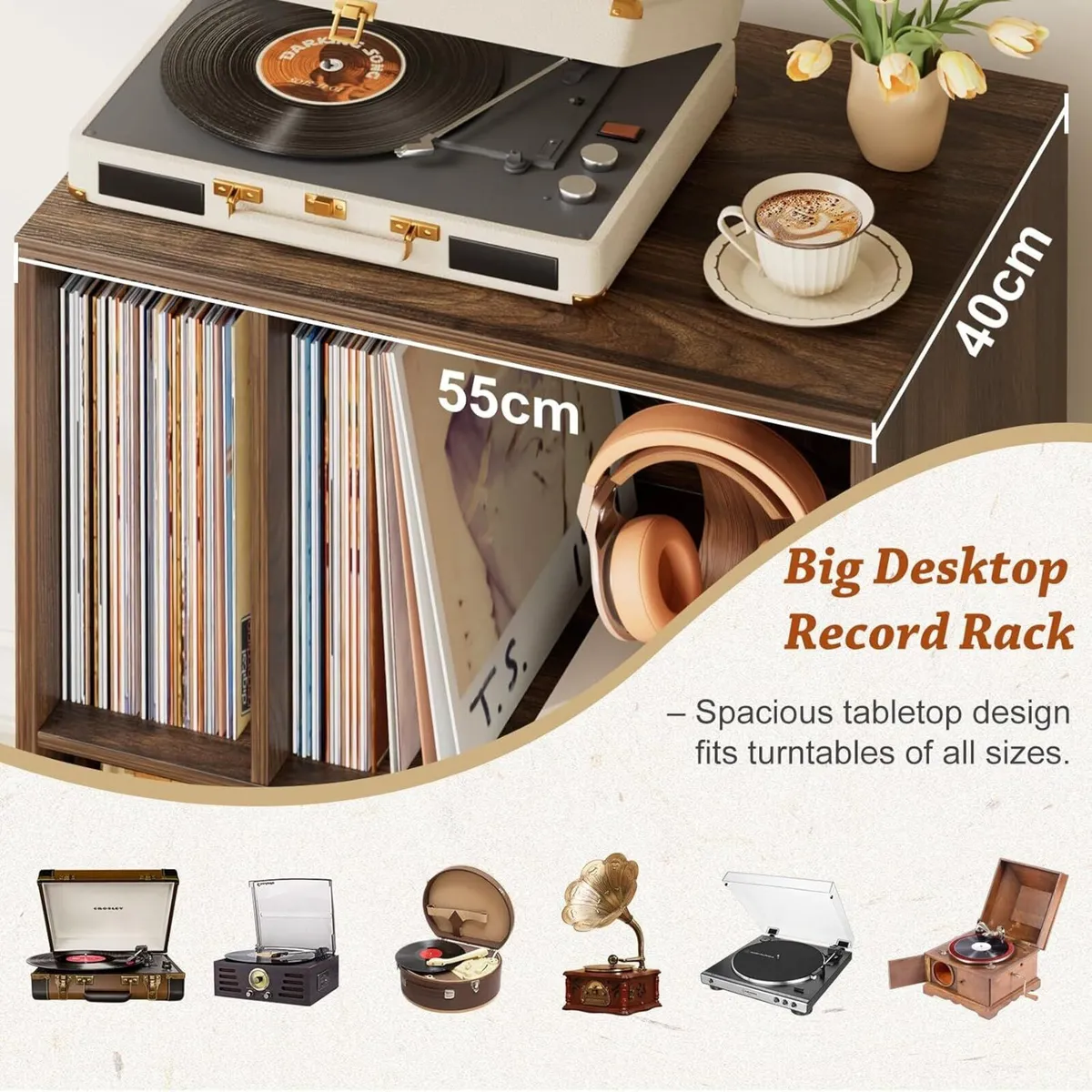 Wooden Record Player Stand with Storage Drawer - Image 4