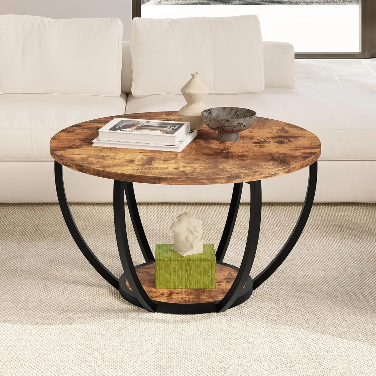 28" Round Coffee Table with Storage 2-Tier Wood - Image 3