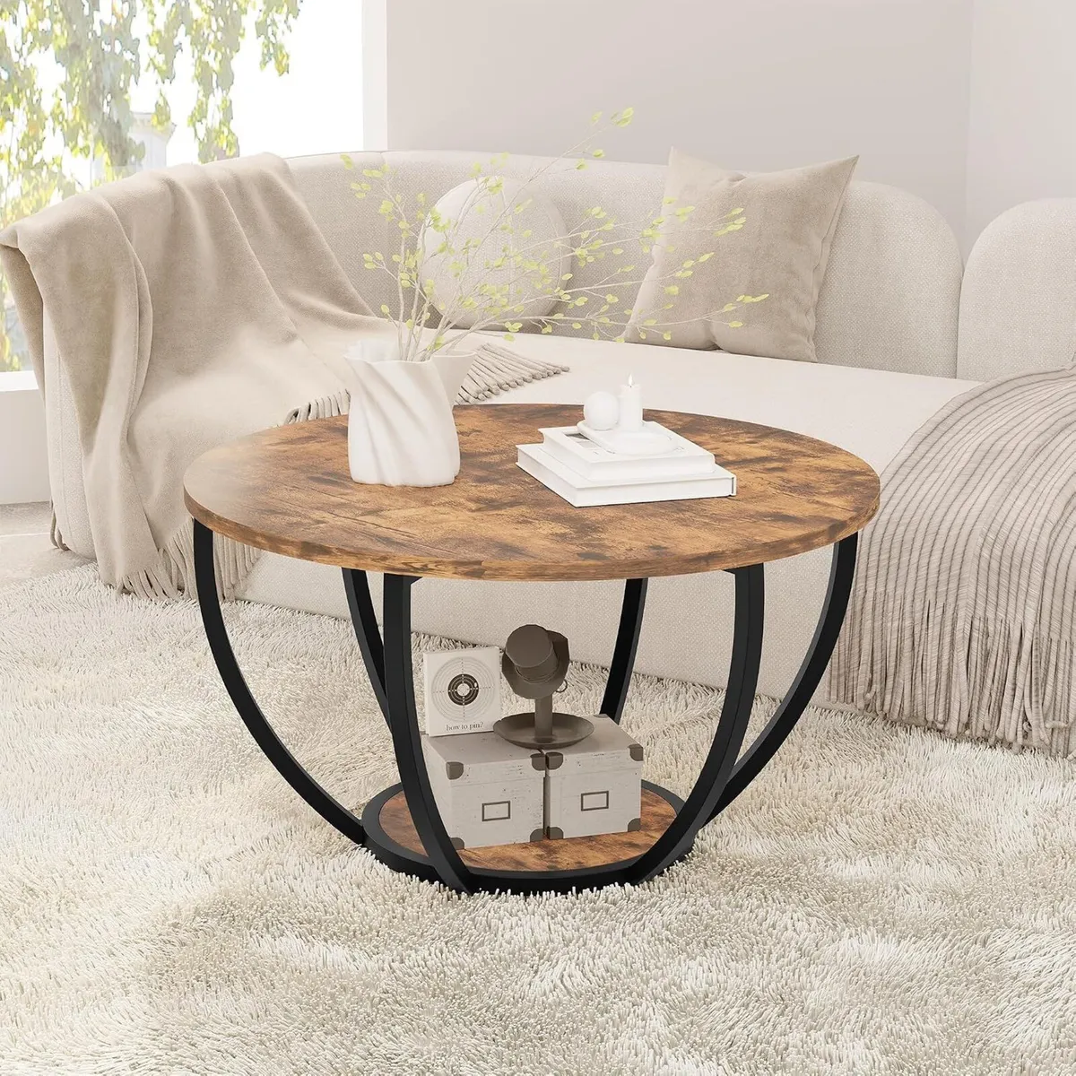 28" Round Coffee Table with Storage 2-Tier Wood - Image 4