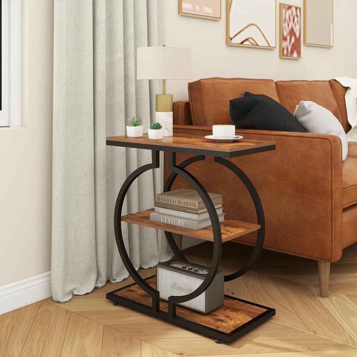 Narrow End Table 3-Tier Round Side with Geometric - Image 2