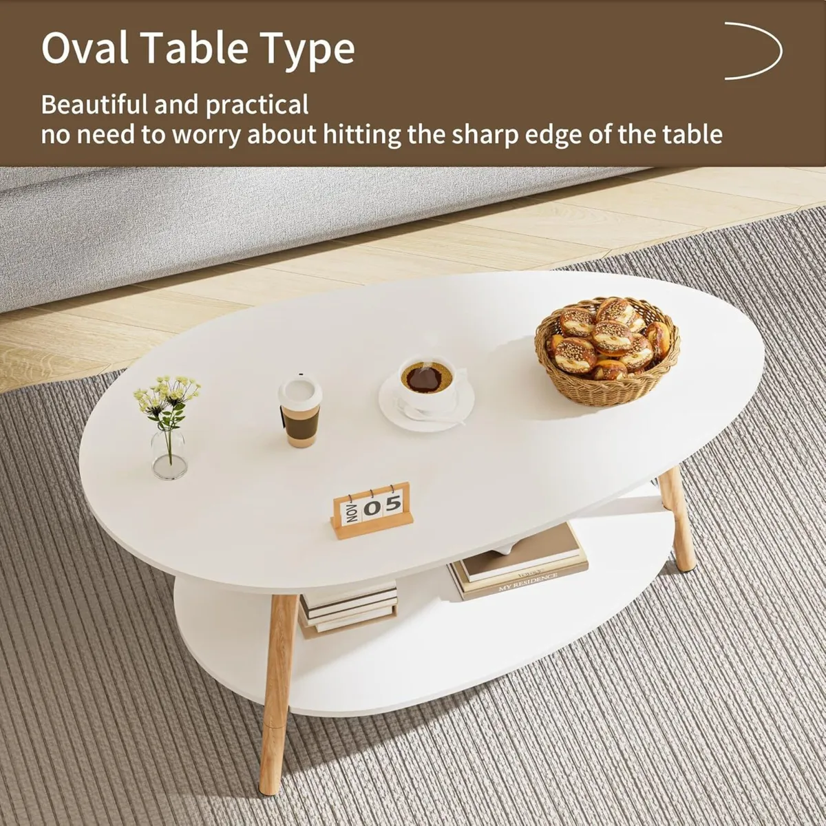 Oval Coffee Table 2-Tier Centre with Storage - Image 4