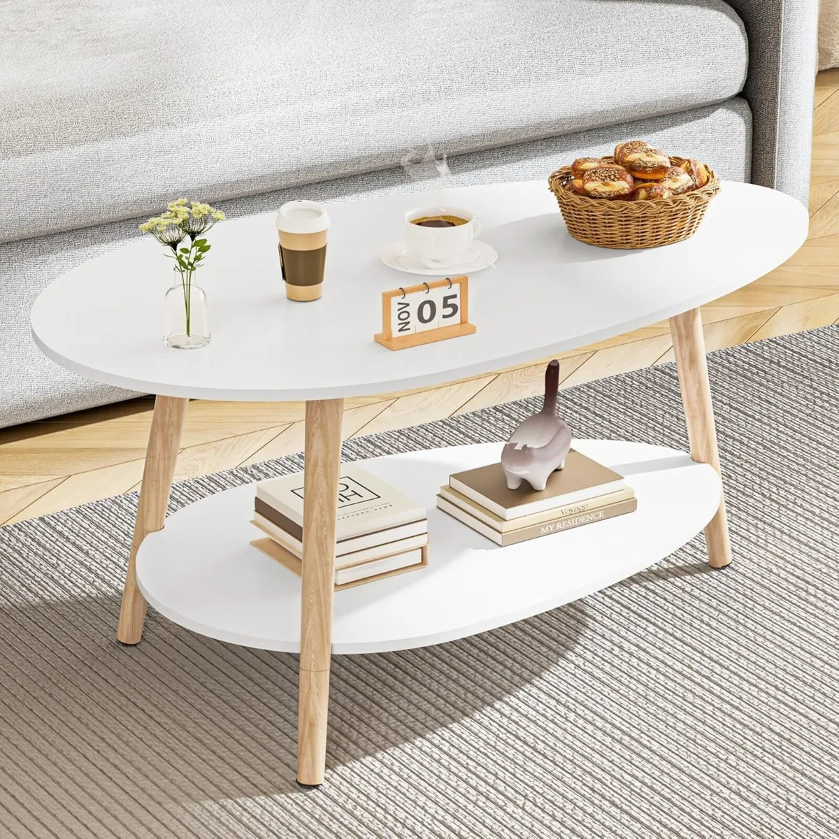 Oval Coffee Table 2-Tier Centre with Storage - Image 1