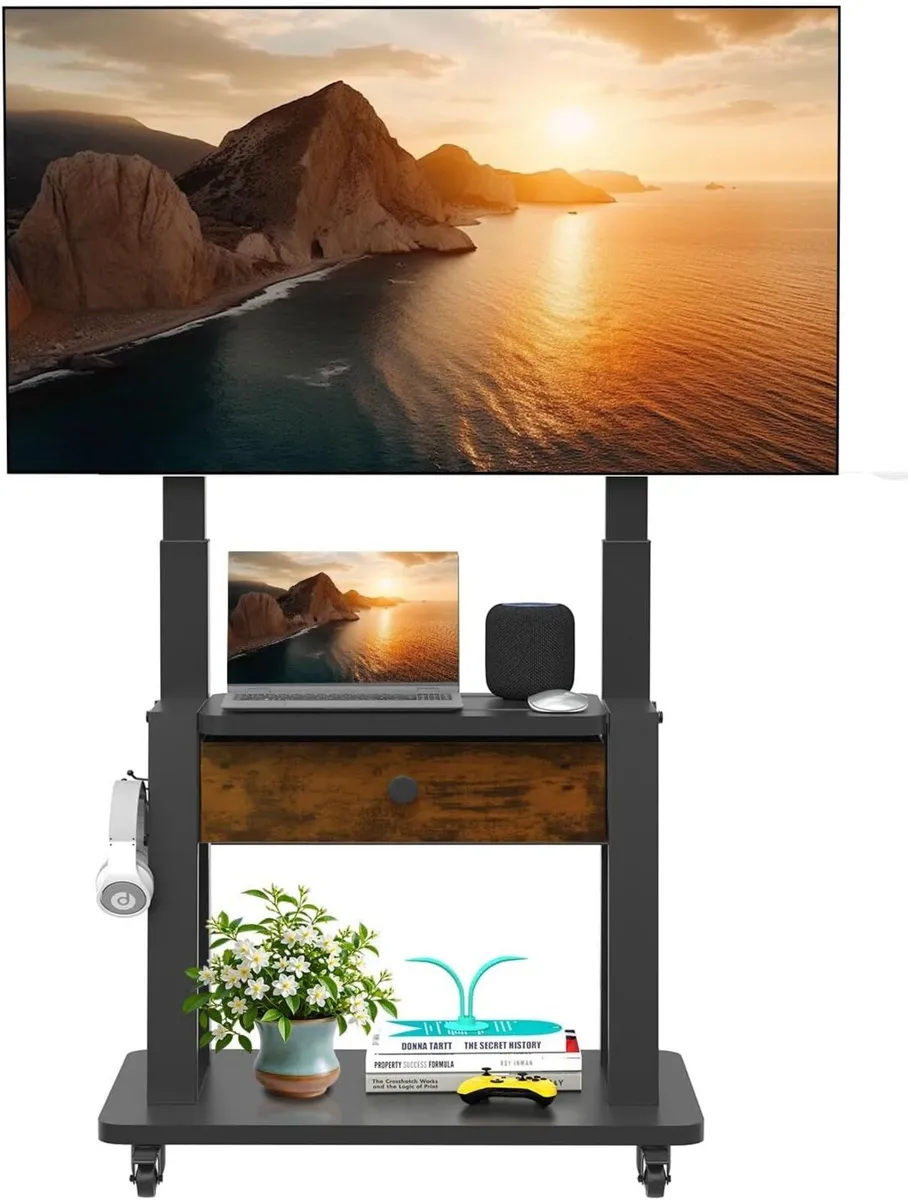 Rolling TV Stand with Fabric Drawer Storage - Image 1