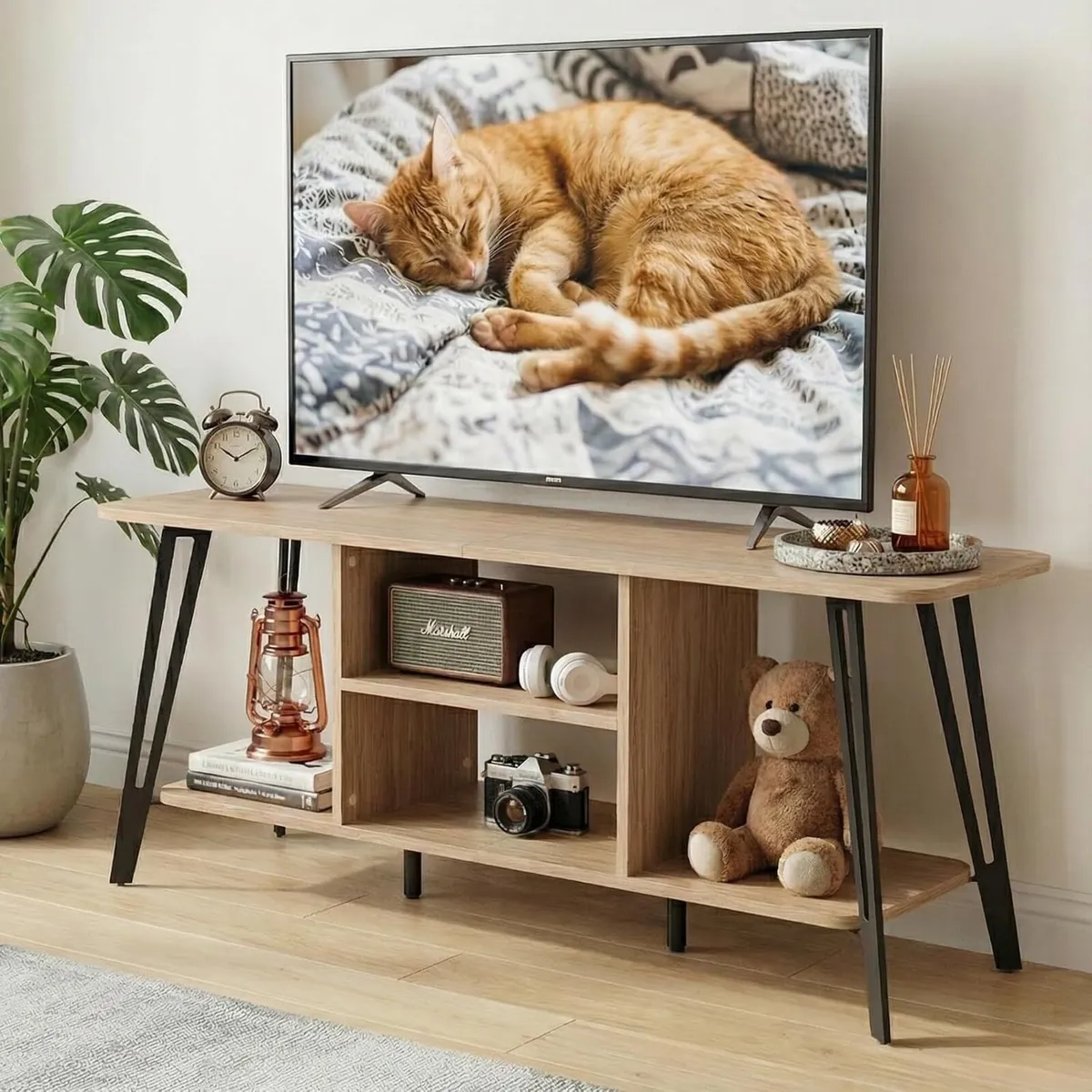 Oak 120CM TV Stand Rounded Edge Open Shelves - Image 2