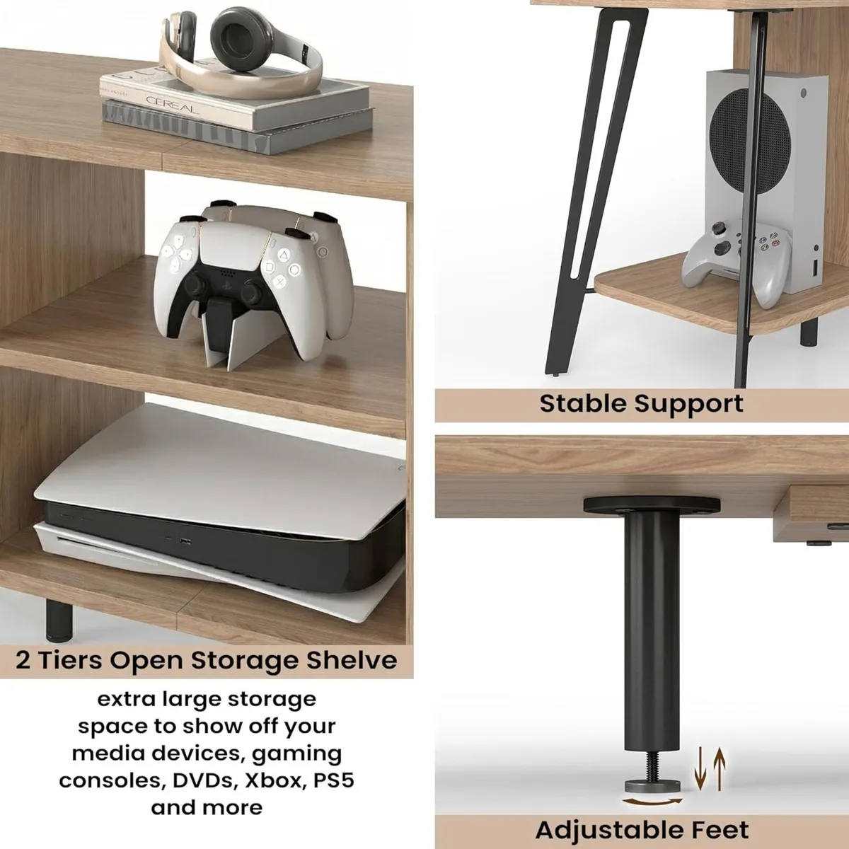 Oak 120CM TV Stand Rounded Edge Open Shelves - Image 4