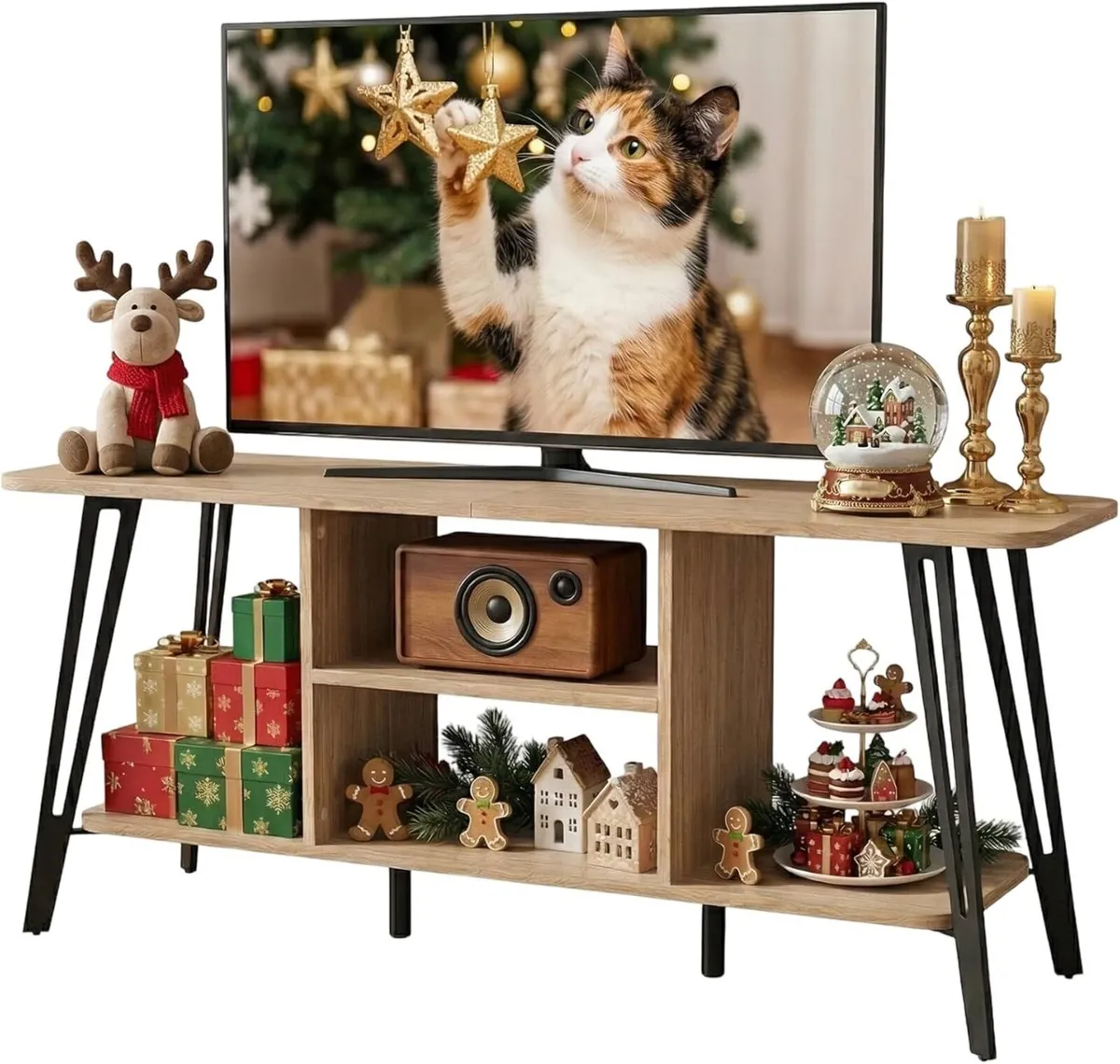 Oak 120CM TV Stand Rounded Edge Open Shelves - Image 1