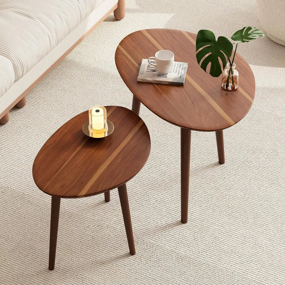 Small Oval Coffee Tables Set Acacia Wood Nesting - Image 1