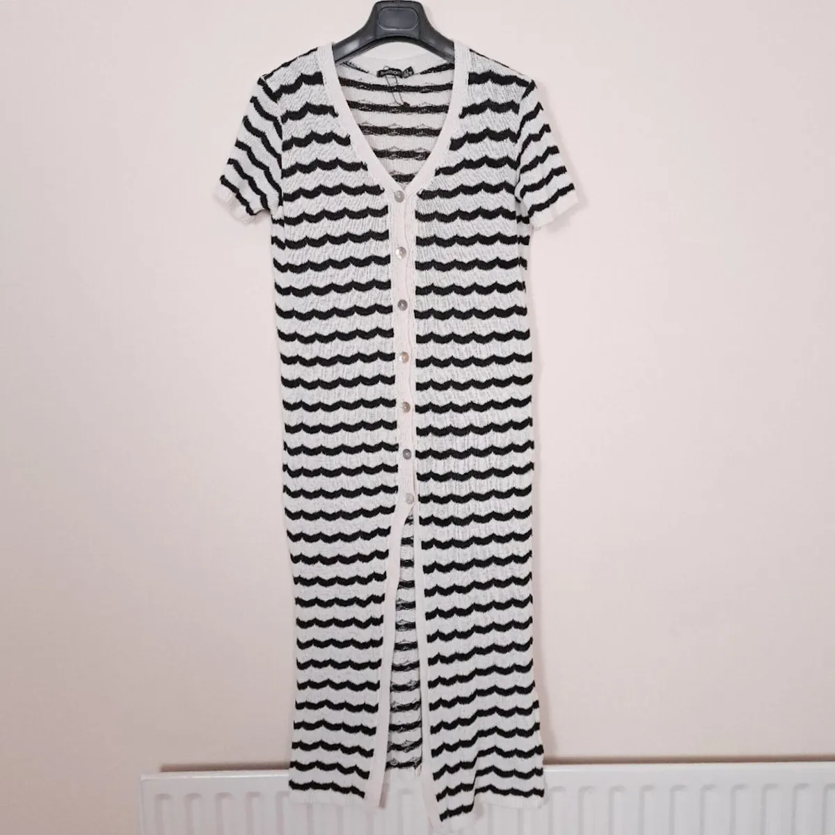 Boohoo White Black Stripe Crochet Midi Dress 12UK - Image 1