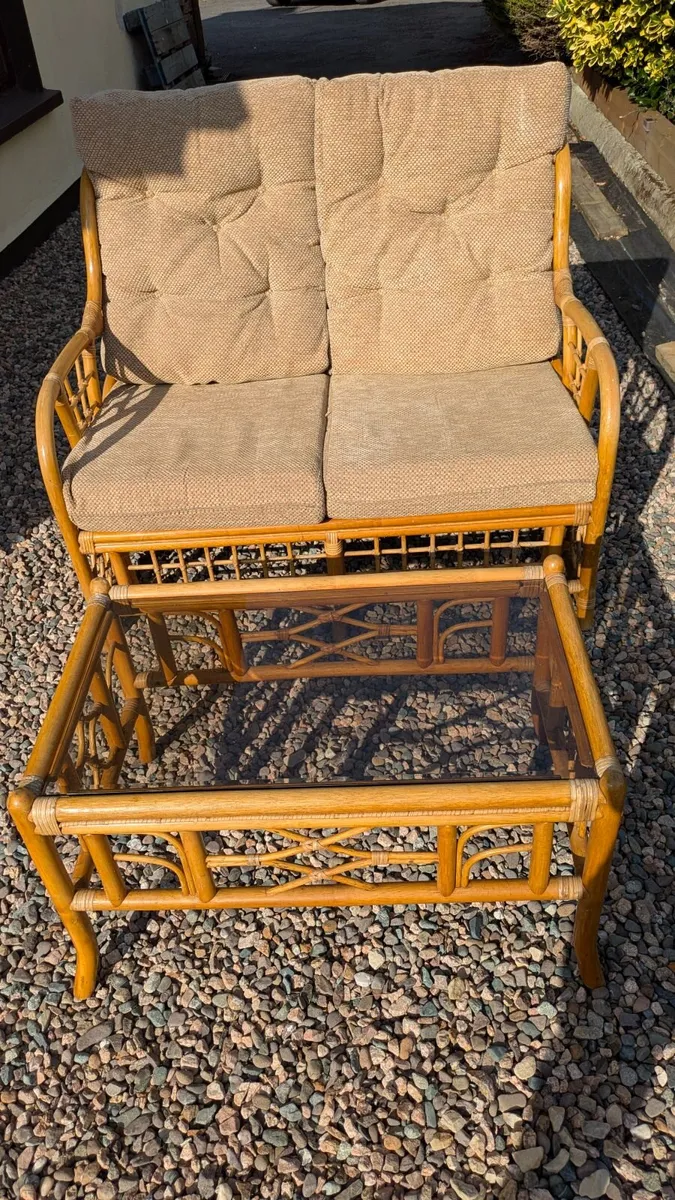 2-Piece Cane Set - Sofa & Glass Table - Image 1