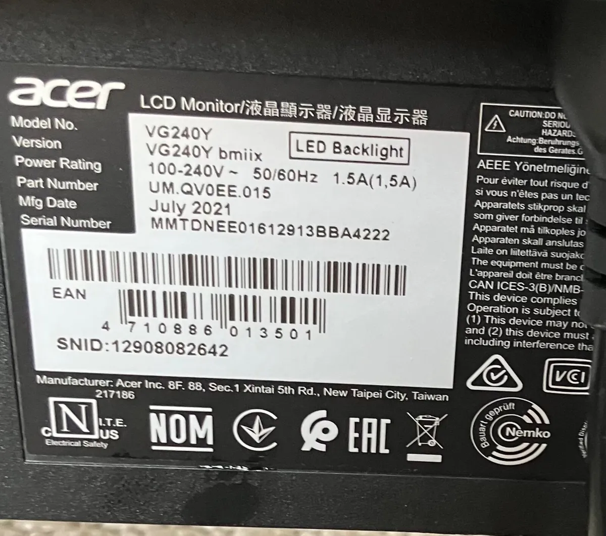 Acer VG240Y 23.8’’ Gaming Monitor - Image 1