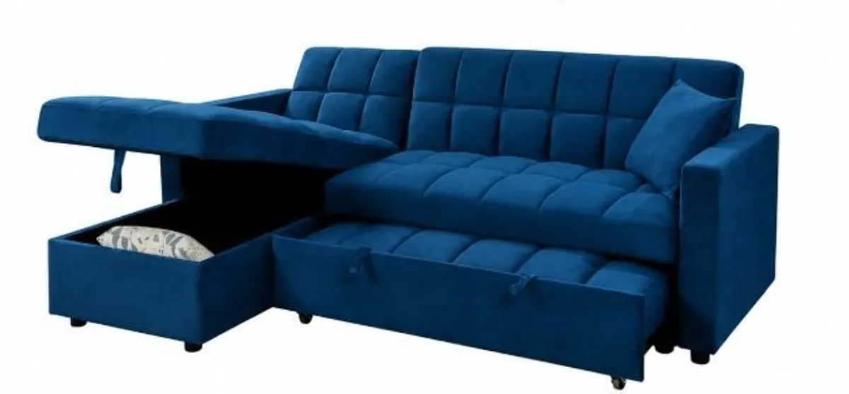 Blue Velvet Kris Corner sofa bed with storage - Image 2