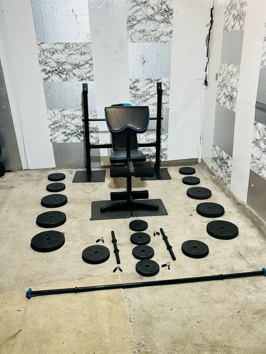MULTI FUNCTION BENCH 60KG BARBELL SET DUMBBELLS - Image 1