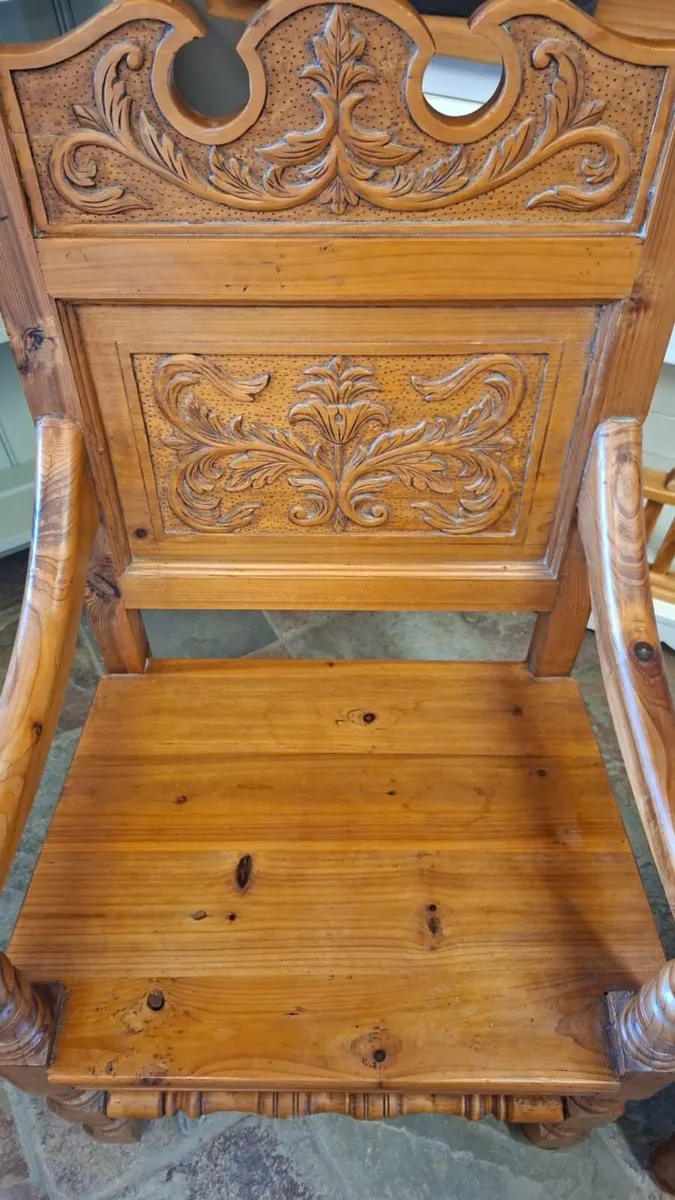 Pair vintage carved pine chairs - Image 3