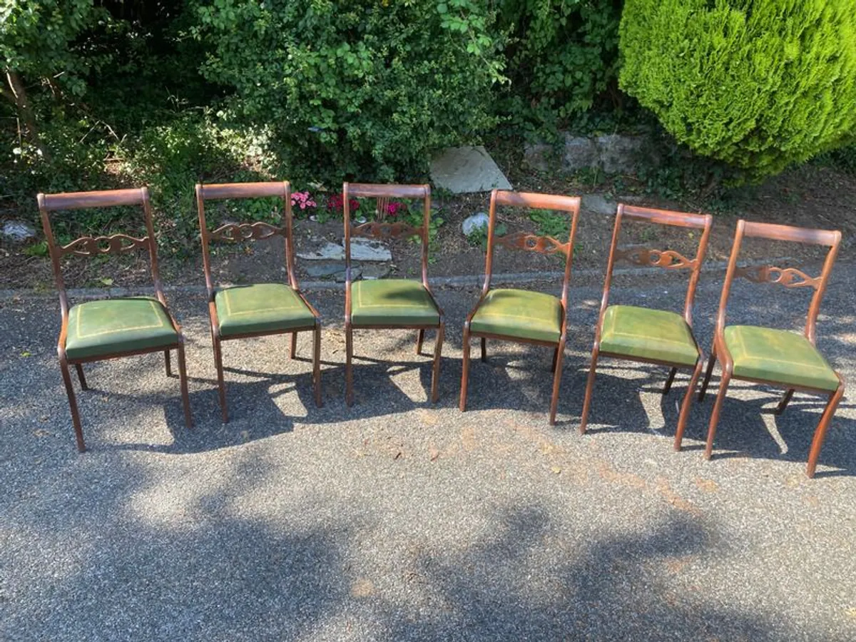Set of 6 Mahogany Dining Chairs with Green Leather Seats - Image 1