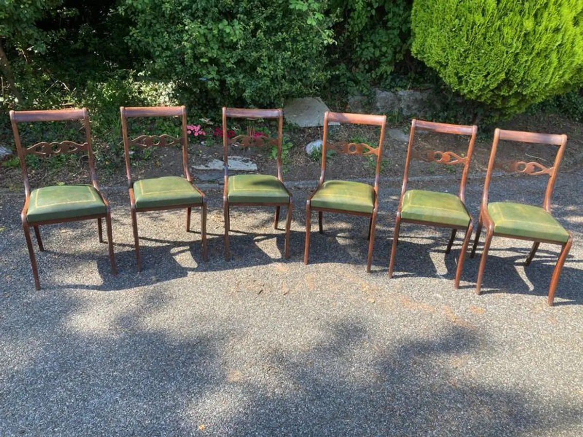 Set of 6 Mahogany Dining Chairs with Green Leather Seats - Image 2