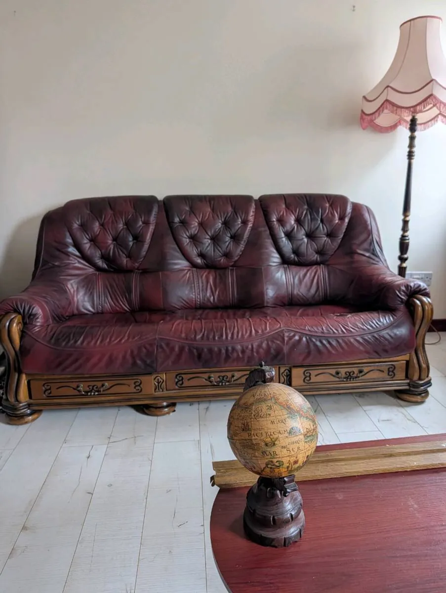 Red-Brown Leather 3-Piece Suite Sofa - Image 1