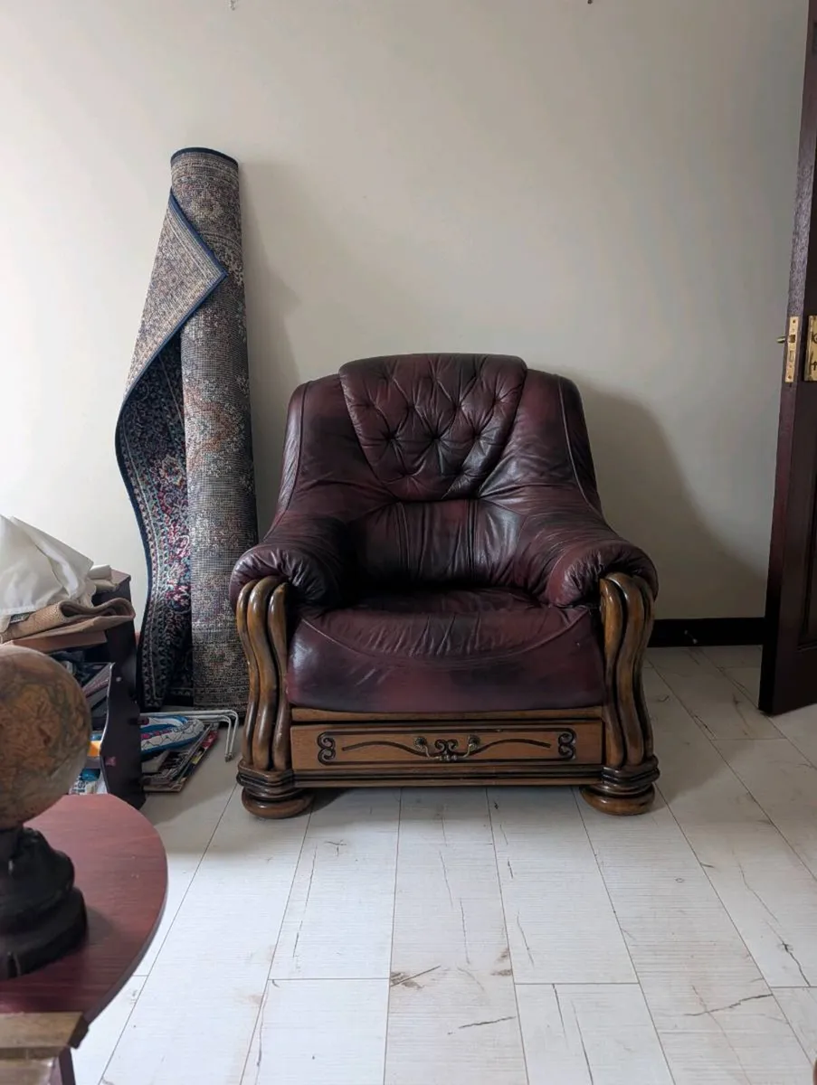 Red-Brown Leather 3-Piece Suite Sofa - Image 3