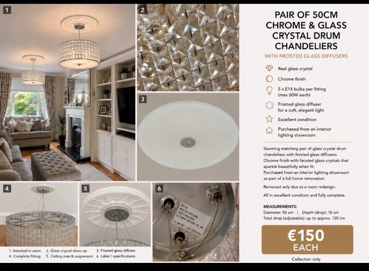Glass crystals drum chandeliers €150 each - Image 1