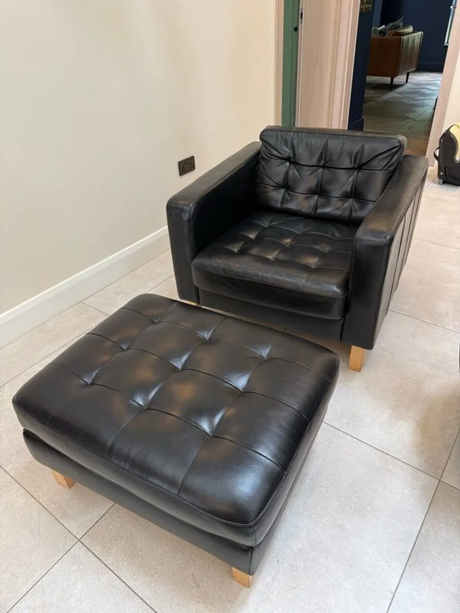 Black Leather Armchair and Matching Ottoman Footstool - Image 1