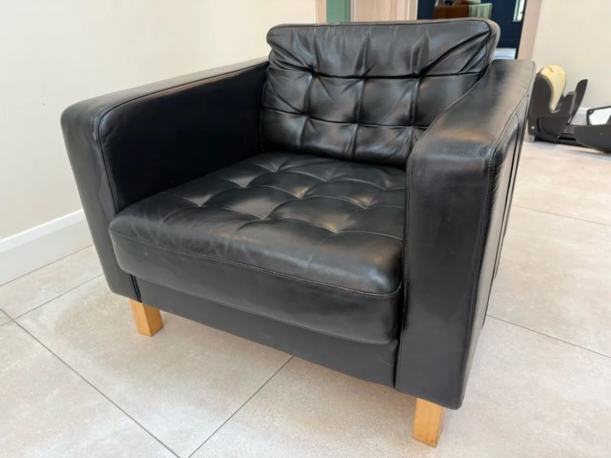 Black Leather Armchair and Matching Ottoman Footstool - Image 2