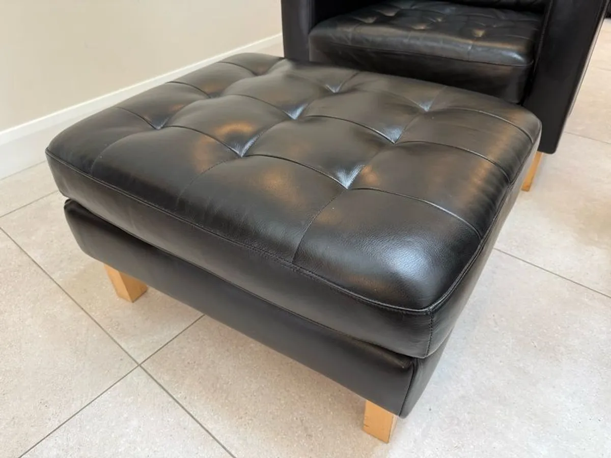 Black Leather Armchair and Matching Ottoman Footstool - Image 3