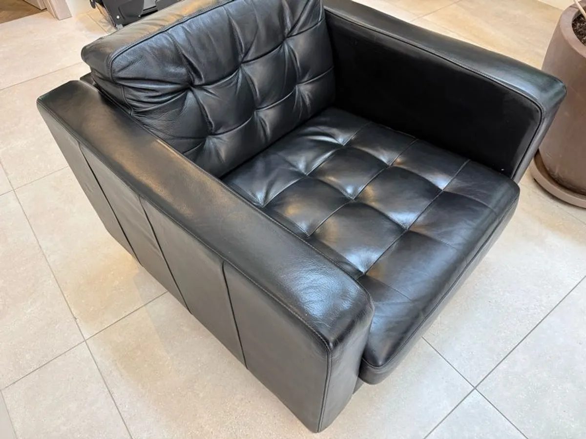Black Leather Armchair and Matching Ottoman Footstool - Image 4