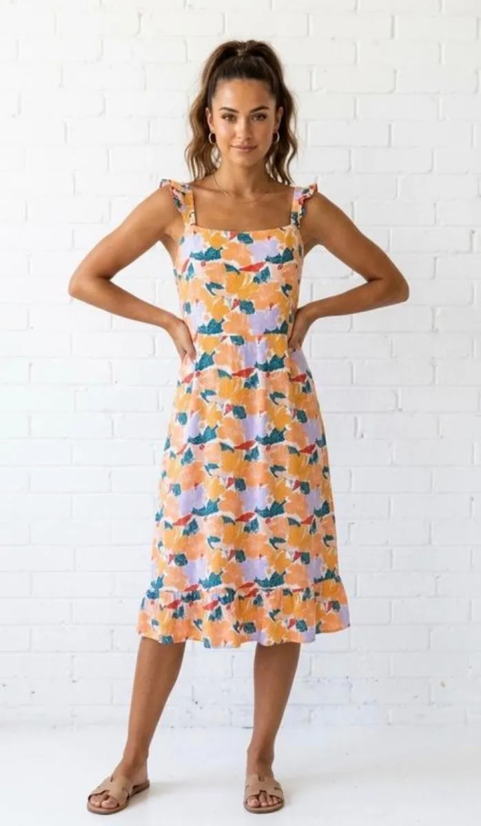 New Summer Floral Cold Shoulder Midi Dress: S10 - Image 1