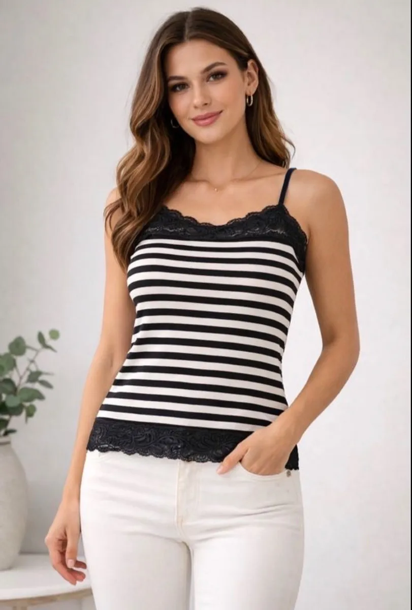 Lace Trimmed Cami Size 10  Black and cream striped - Image 1