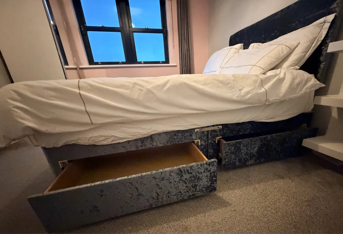 Dark Grey crushed velvet double bed  with storage - Image 1