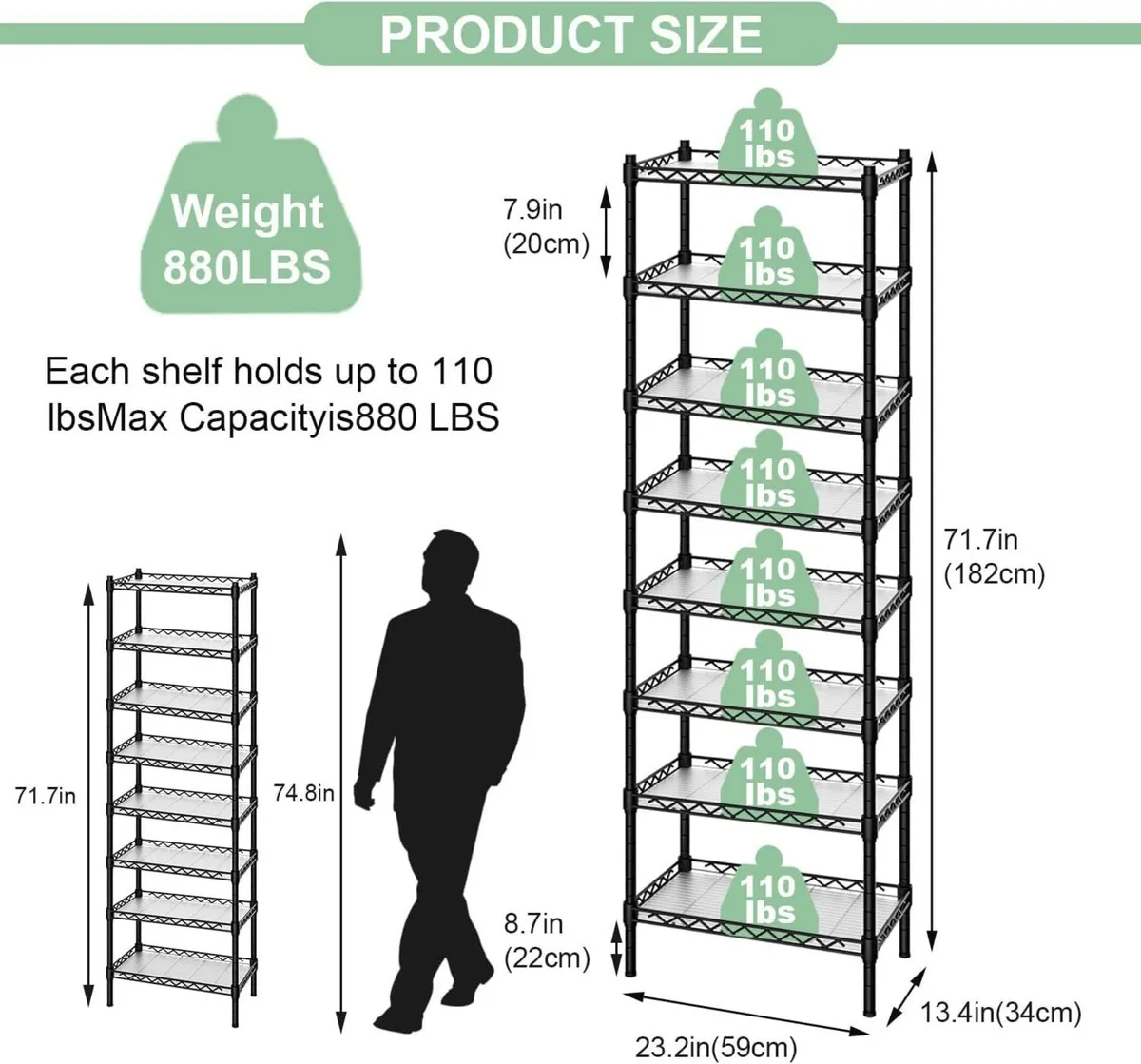 8-Tier Wire Shelving Unit 8 Shelves Metal - Image 3