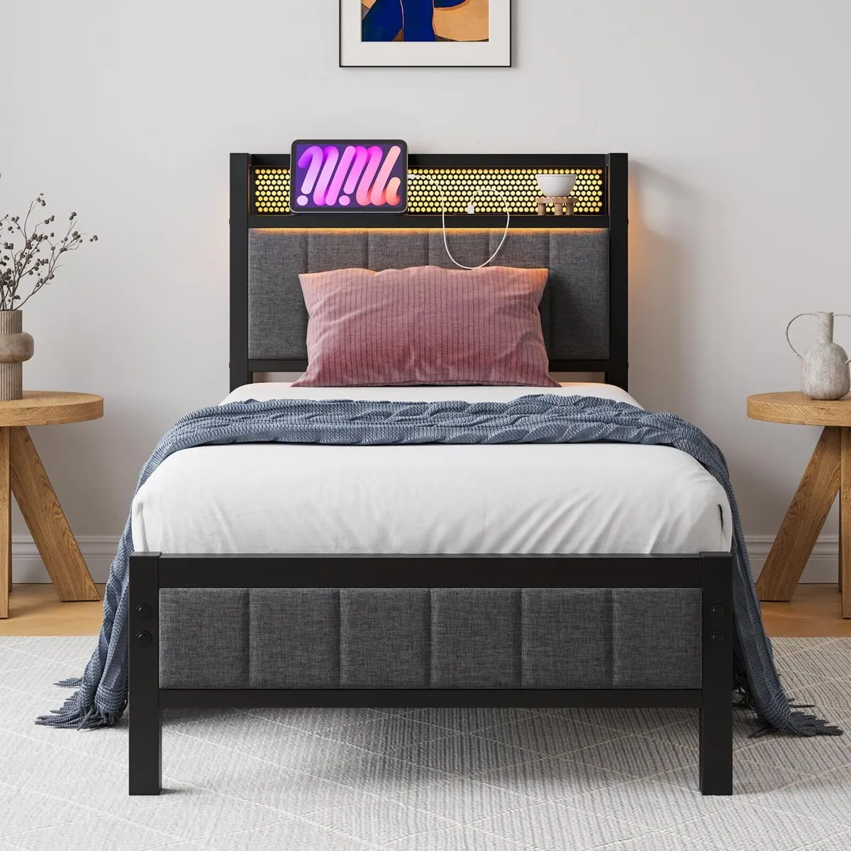 Bed Frames with Storage Headboard and Charging - Image 1