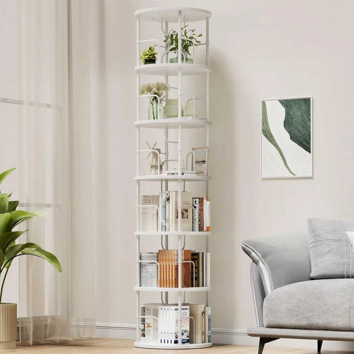 6 Tier Rotating Bookshelf Corner Tower Round - Image 1