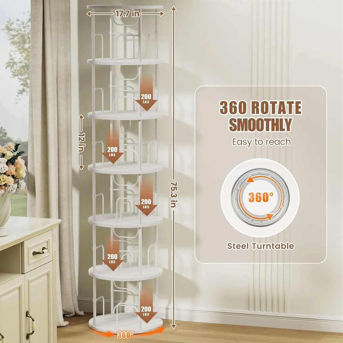 6 Tier Rotating Bookshelf Corner Tower Round - Image 2