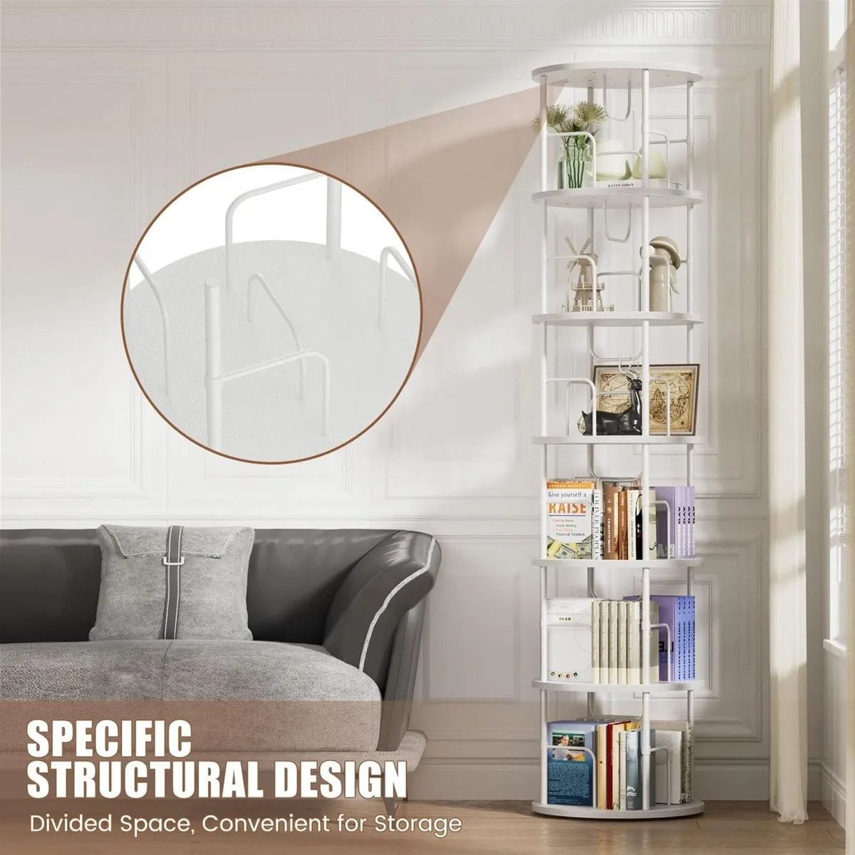 6 Tier Rotating Bookshelf Corner Tower Round - Image 3