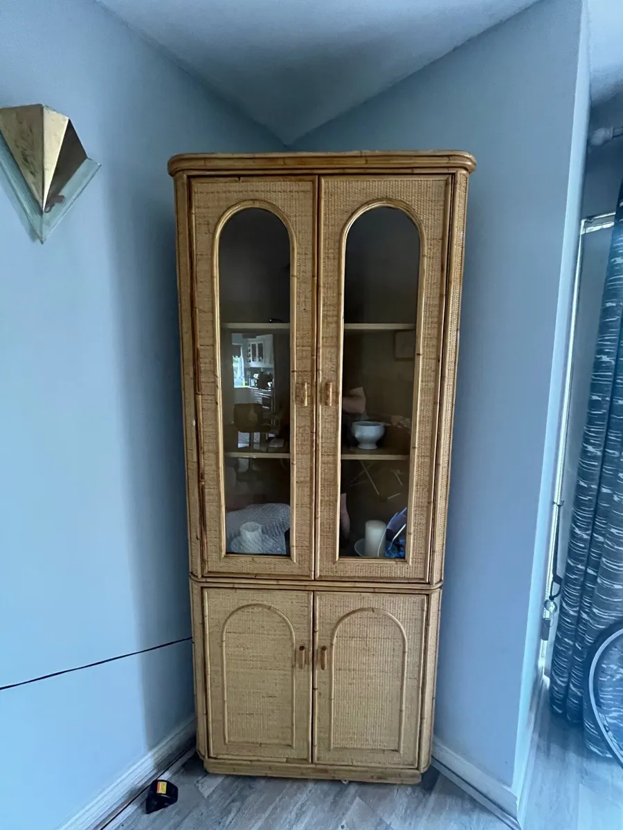 Vintage Rattan Corner Display Cabinet with Glass - Image 1
