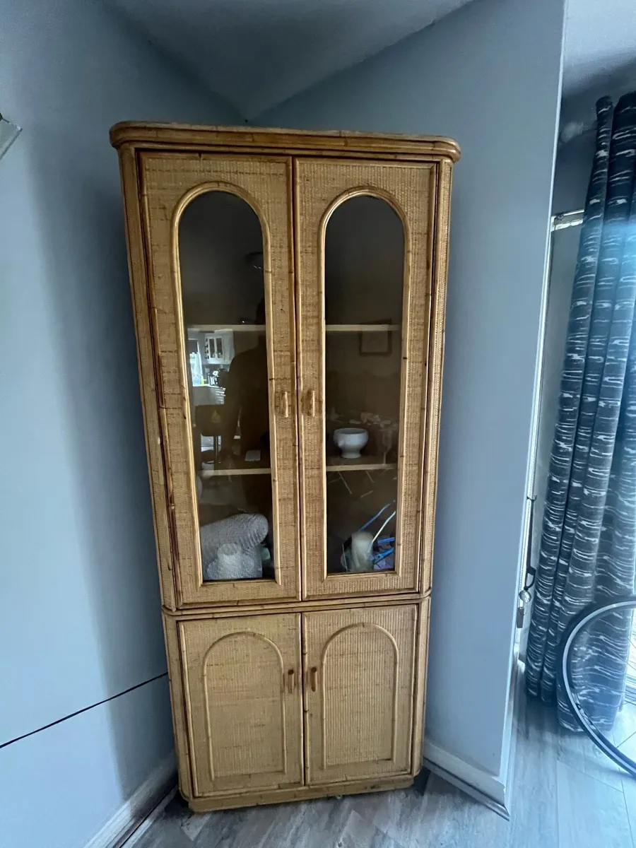 Vintage Rattan Corner Display Cabinet with Glass - Image 2
