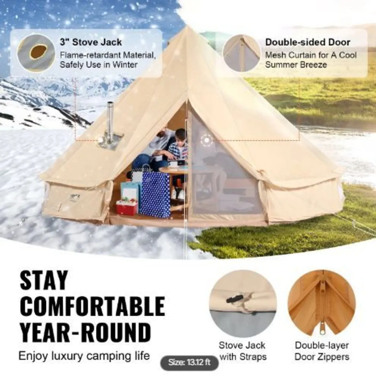 Canvas Bell Tent, 4 Seasons 4 m/13.12 ft Yurt Tent - Image 3