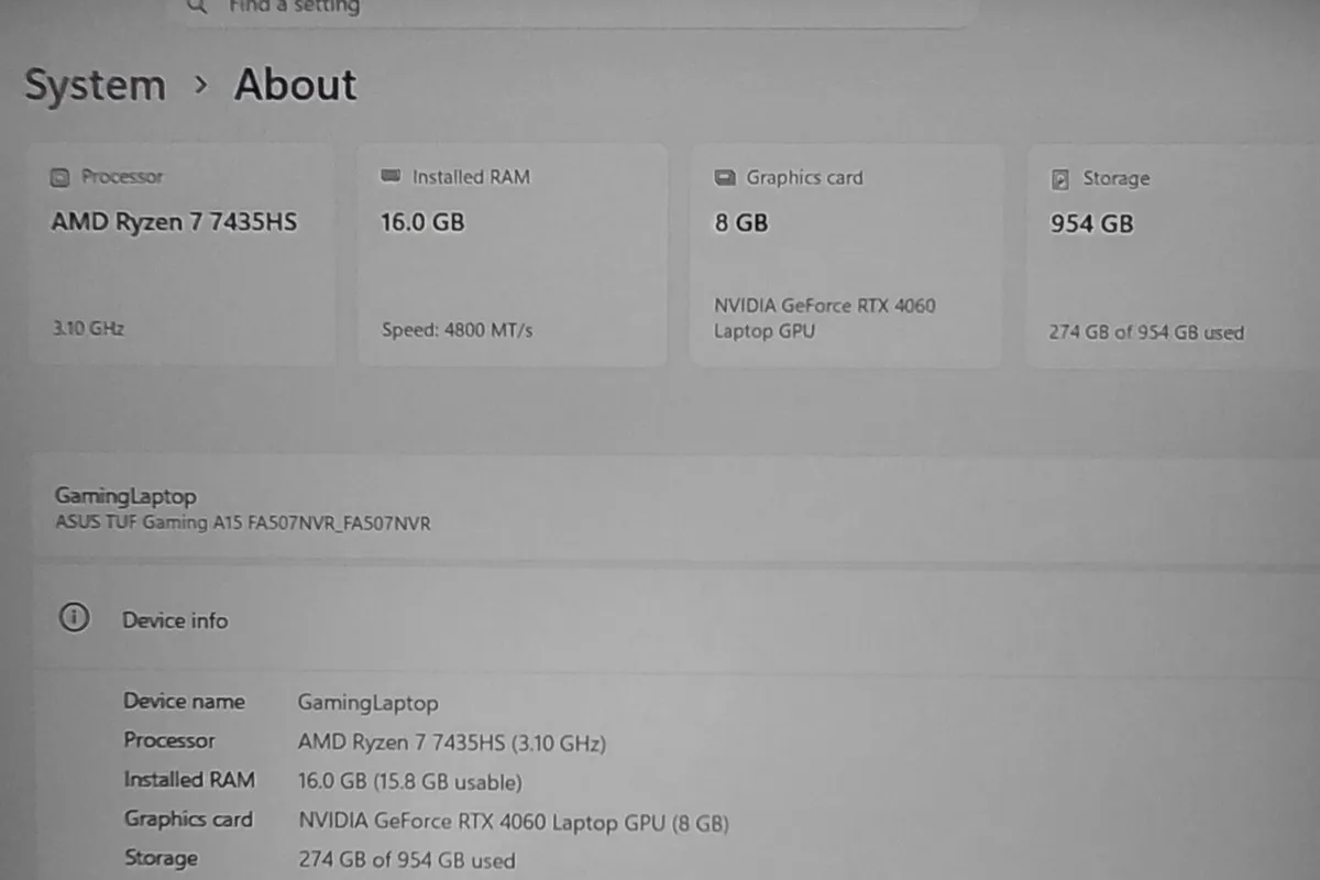 Asus tuff A15 Ryzen 7/16Gbs DDR5/1TB M.2 SSD/RTX40 - Image 2