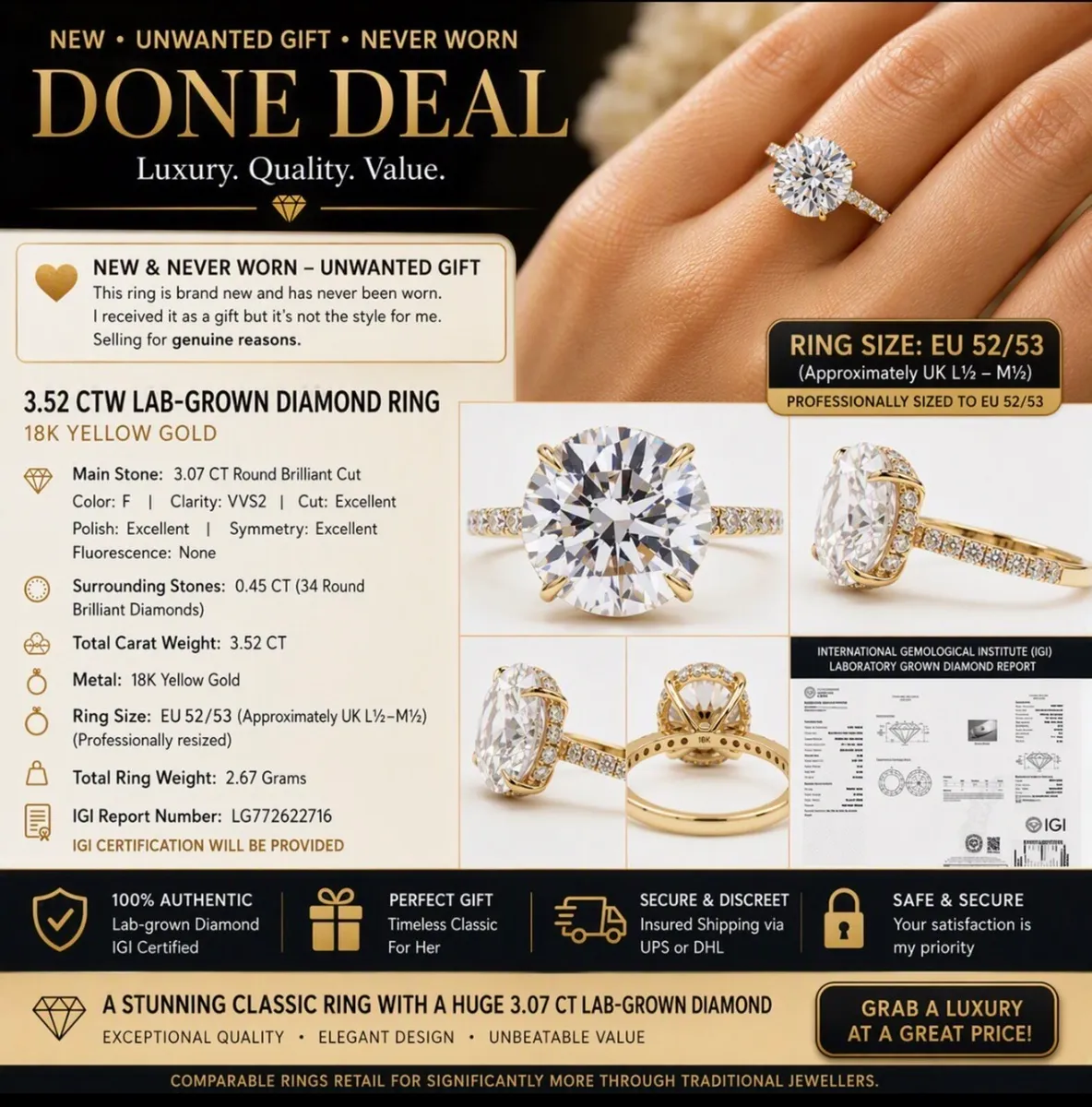 New 3.52ct Lab Grown Diamond 18ct Yellow Gold Ring - Image 1