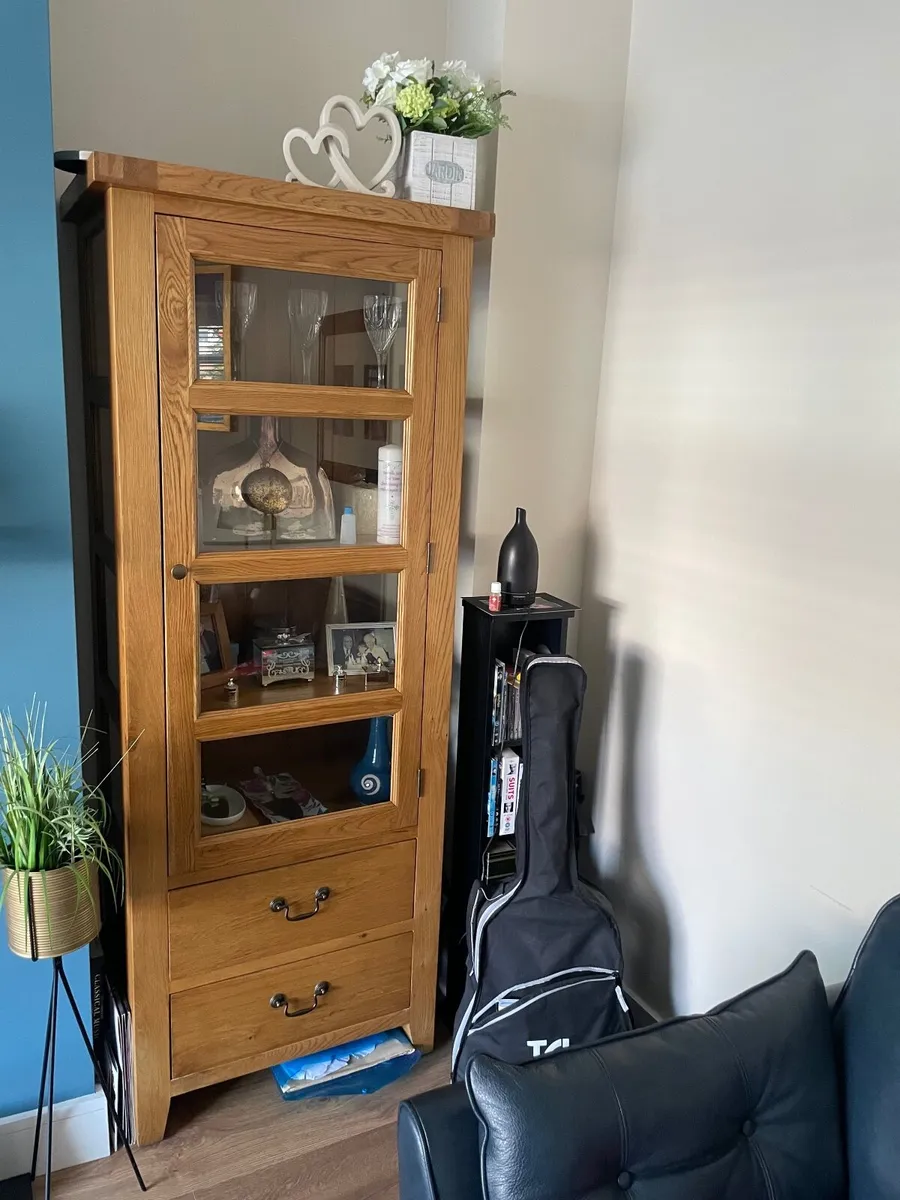 Oak Cabinet with glass doors and 2 drawers