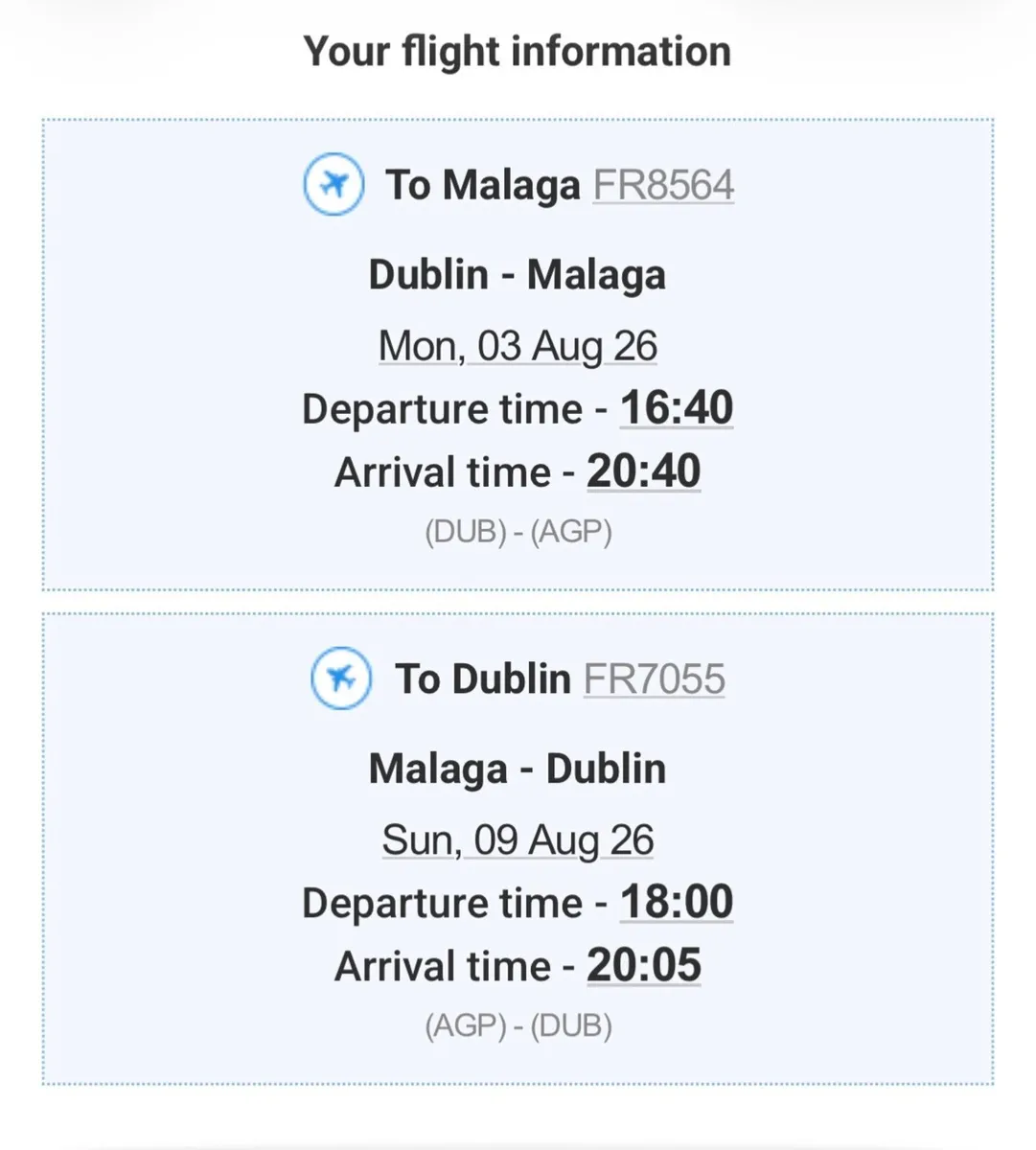 1 Return Ticket Dub - Malaga  - 03 Aug - 09 Aug - Image 4