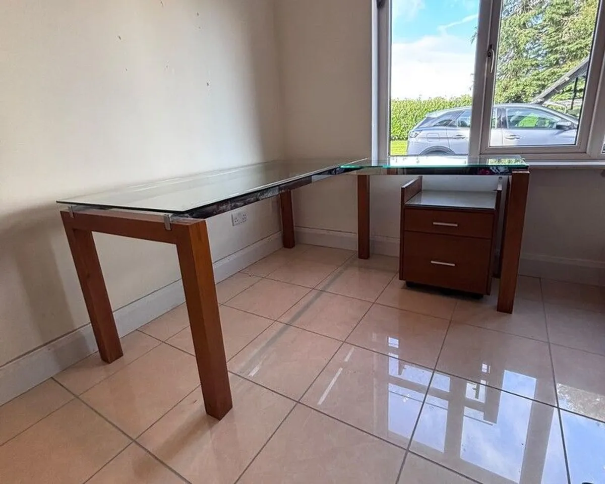 L-Shaped Corner Desk - Glass Top and Solid Wood - Image 1