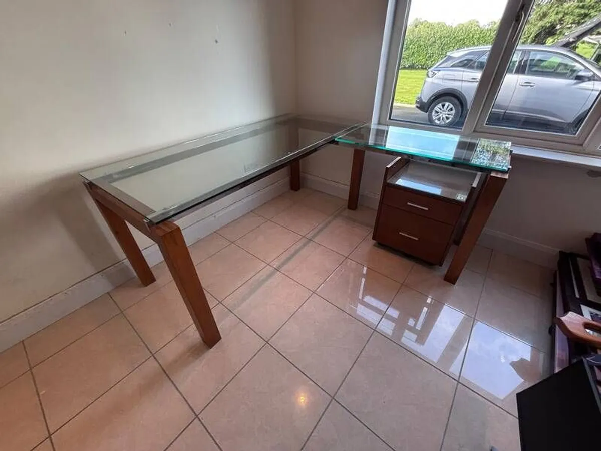 L-Shaped Corner Desk - Glass Top and Solid Wood - Image 2