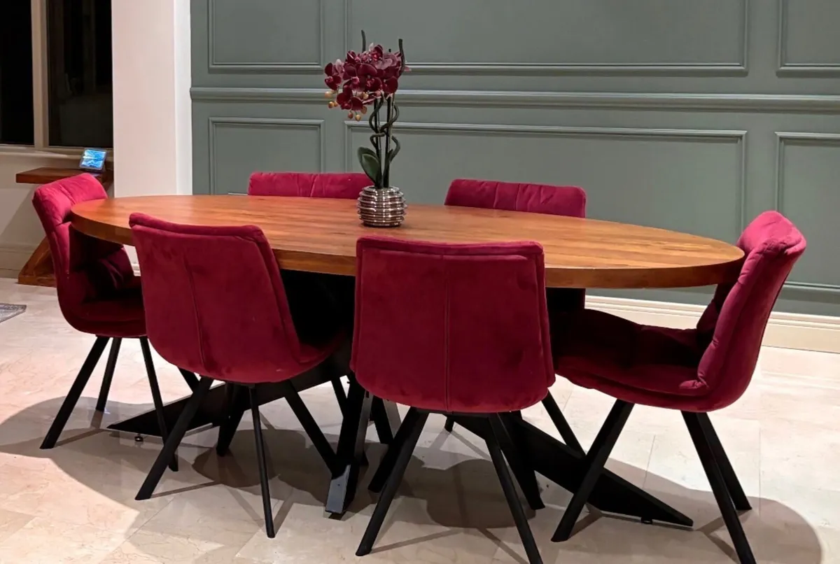 EZ Living Oval Dining Table & 6 Burgundy Velvet Ch - Image 3