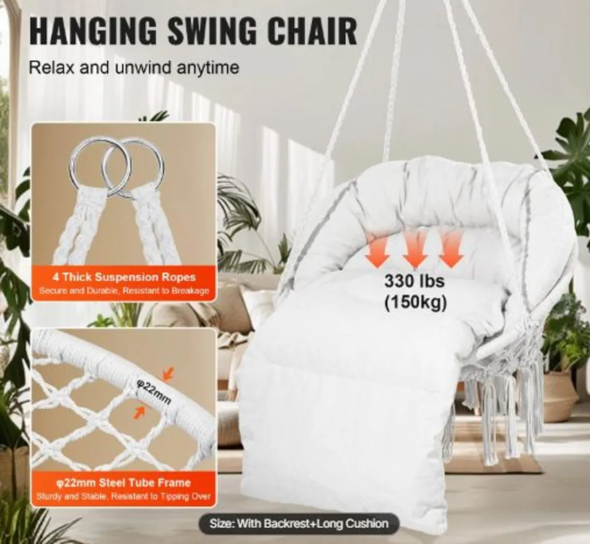 Hanging Hammock Swing Chair, 330 Lbs Capacity, - Image 2