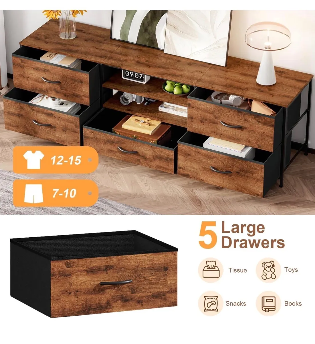 TV Stand Cabinet, TV Unit with 5 Drawers, 140 cm, - Image 4