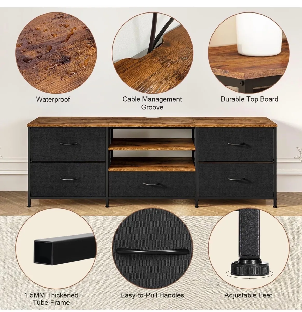 TV Stand Cabinet, TV Unit with 5 Drawers, 140 cm, - Image 4