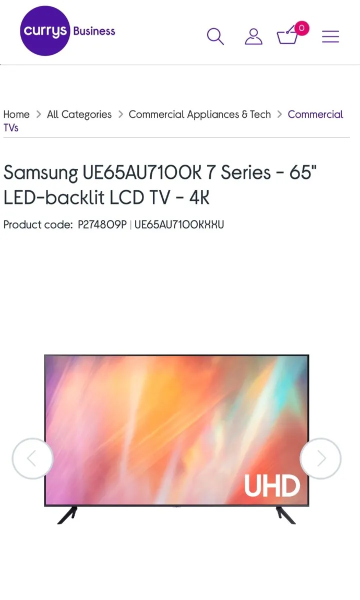 Samsung 65” 4K UHD Smart TV – UE65AU7170 - Image 1