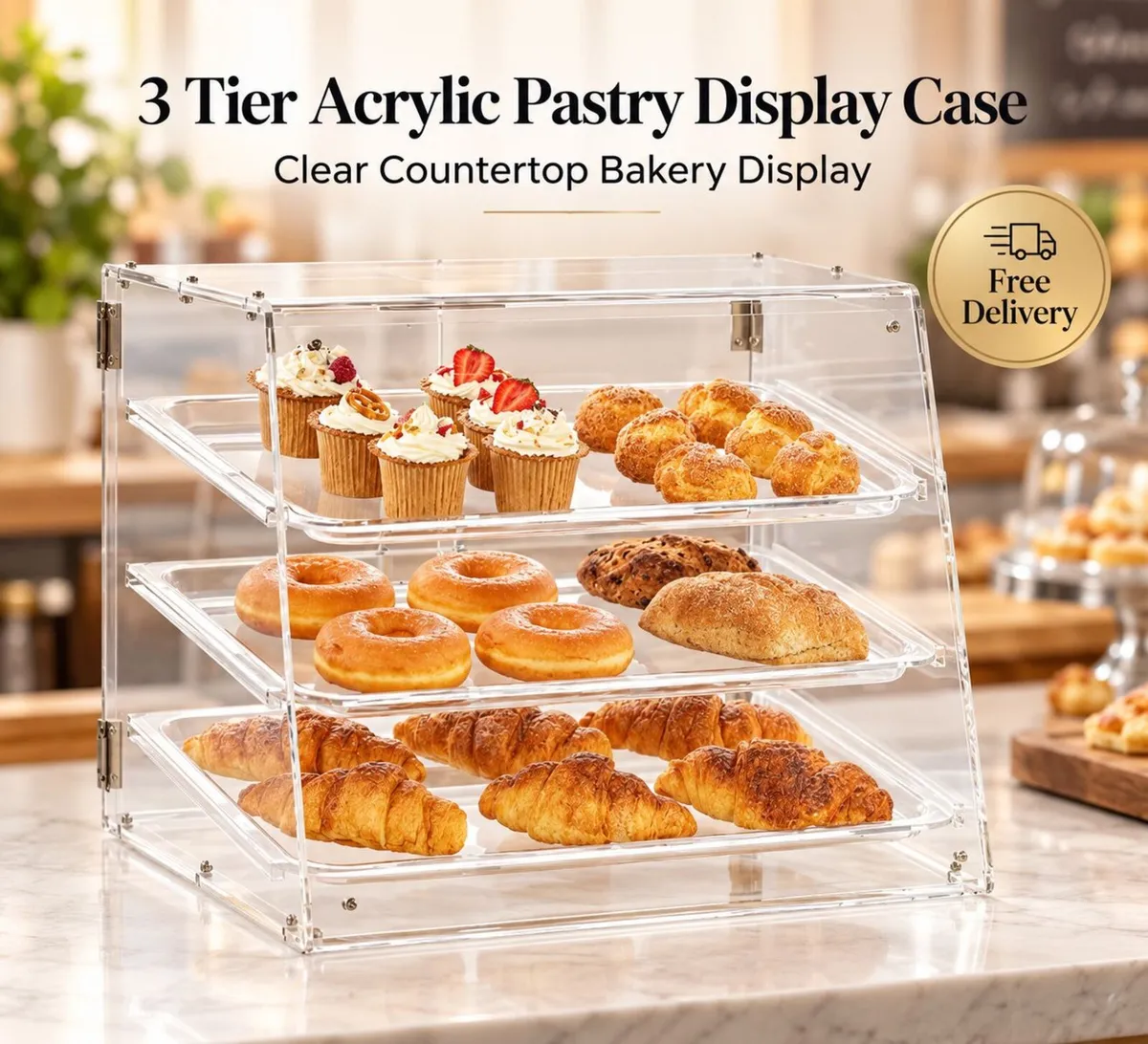 3 Tier Acrylic Pastry Display Case for Bakery Coun - Image 1