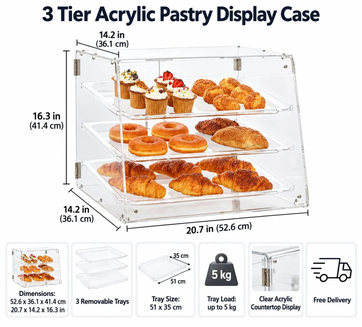 3 Tier Acrylic Pastry Display Case for Bakery Coun - Image 4
